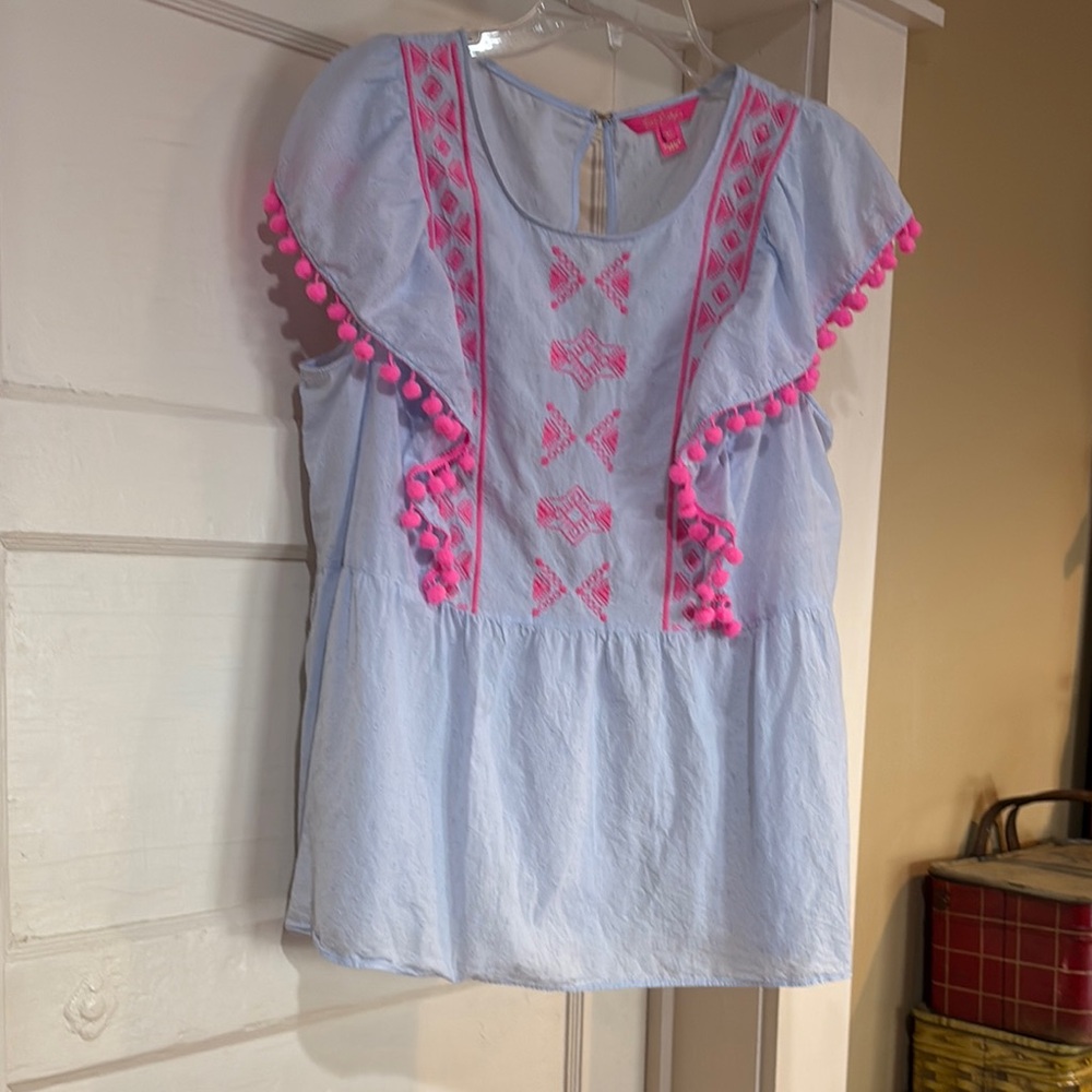 Lilly Pulitzer Blue and Pink Blouse with Airy Design